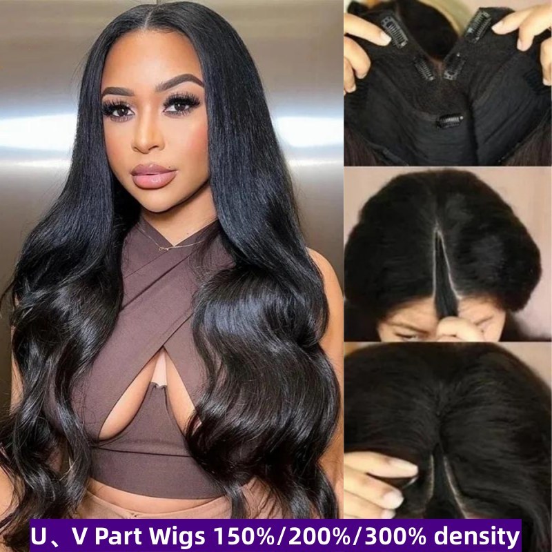 U Part Wigs V Part Wigs 150% /200% /300% Density Body Wave Virgin Human Hair Natural Color