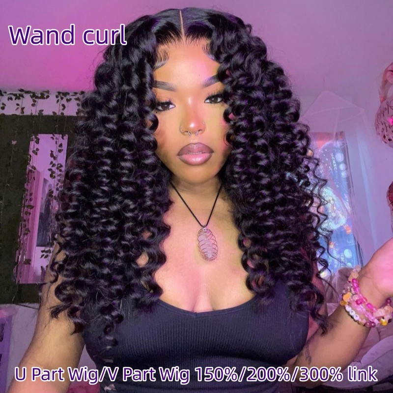 U Part Wigs V Part Wigs 150% /200% 300% Density Wand Curl Virgin Human Hair Natural Color