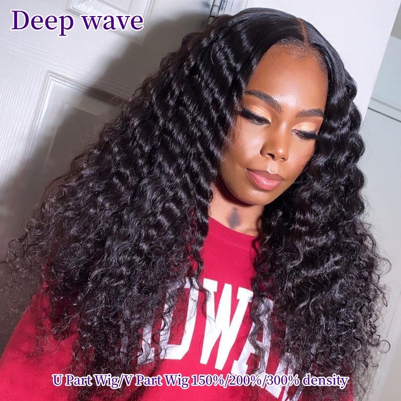 12-40inch U Part Wigs V Part Wigs 150% /200% /300% Density Deep Wave Virgin Human Hair Natural Color