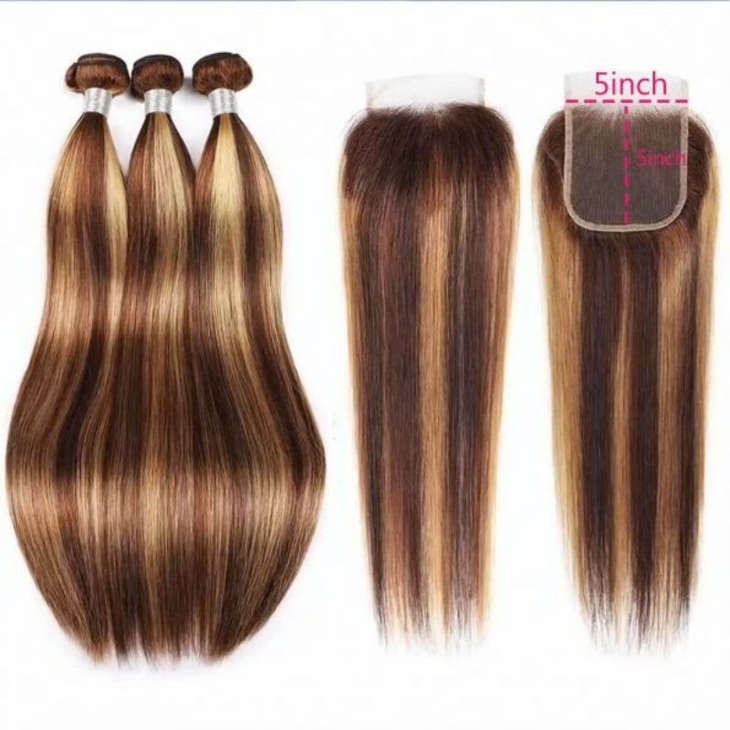 Sowigs One Donors Hair Color P4/27 3 Bundles with 4x4 and 5x5 Transparent Lace Closure