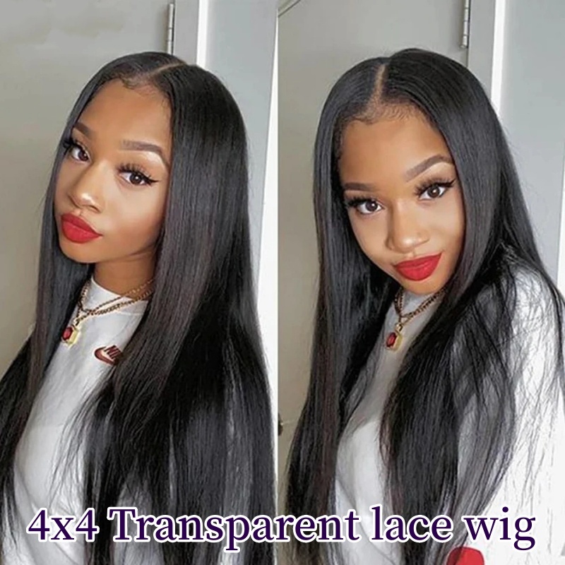 4x4 Transparent Lace Closure Wigs Natural Color 100% Unprocessed Human Hair Wigs