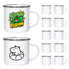 US warehouse 12pcs,12oz Sublimation Blanks Enamel Mug Set,Camping Outdoor Coffee Travel Metal Mug with Silver/Black Rim