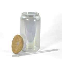 US warehouse 16oz sublimation blank clear iridescent glass can with lids and straw