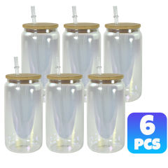 US warehouse 16oz sublimation blank clear iridescent glass can with lids and straw