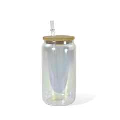 US warehouse 16oz sublimation blank clear iridescent glass can with lids and straw