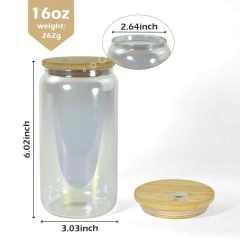 US warehouse 16oz sublimation blank clear iridescent glass can with lids and straw