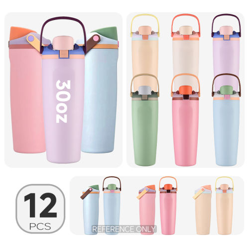 12pcs pack, 30oz stainless steel double wall vacuum insulated tumbler mug, 2- way sip lids with handle, mix colors packoffice coffe cup, out door cold dringking mugs