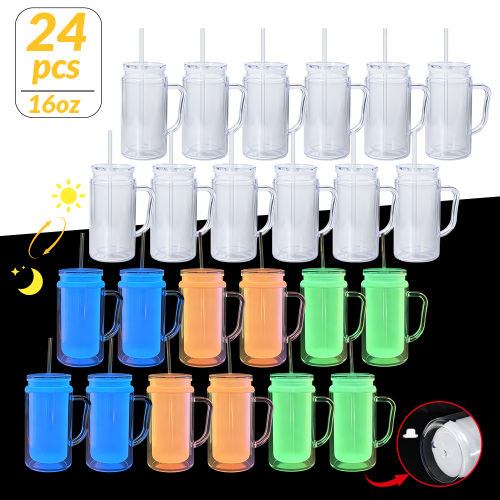 US warehouse 24pcs glow in the dark 16oz double wall snowglobe can with with predrilled and plug,16oz double wall cups with handle