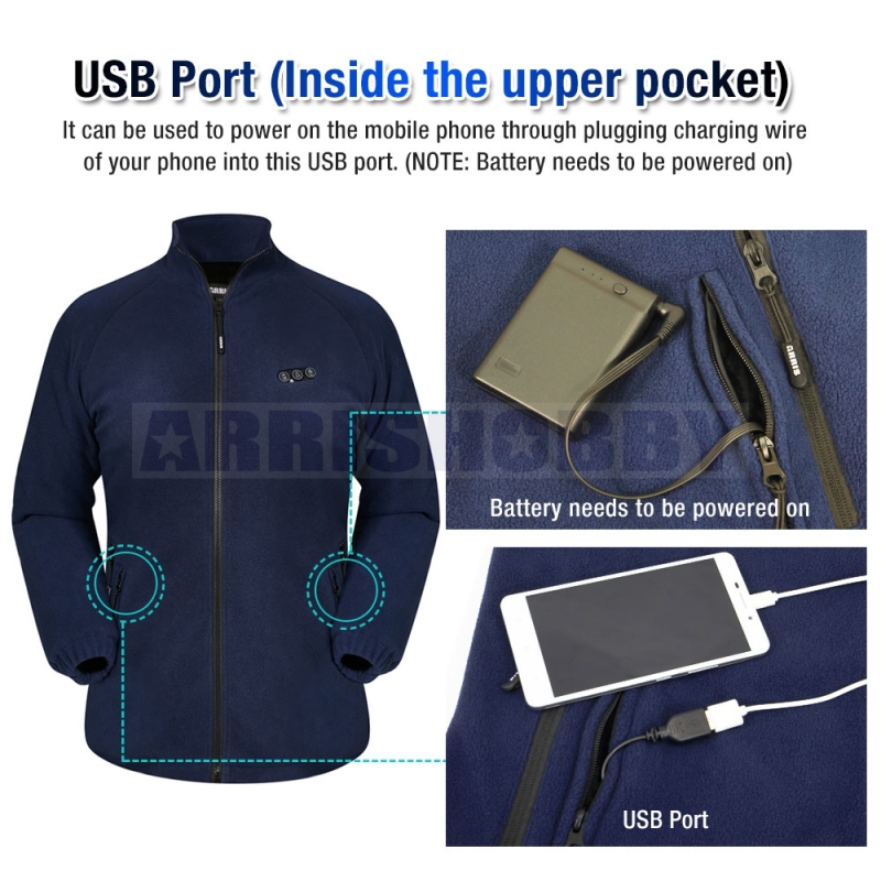 ARRIS Women`s Heated Fleece Jacket with Battery, Electric Heating Coat Full Zip w/Hand Warmer + Phone Charging Function