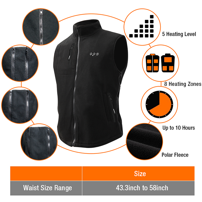 ARRIS Fleece Heated Vest for Men 7.4V Electric Warm Vest 8 Heating Panels Size Adjustable for Hiking Cycling