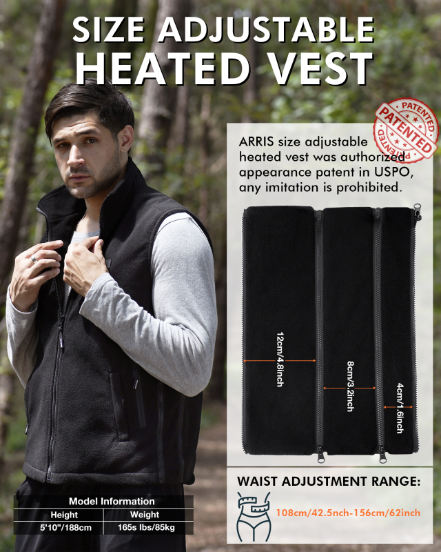 ARRIS Fleece Heated Vest for Men - 7.4V Rechargeable, Size-Adjustable, and Health-Boosting