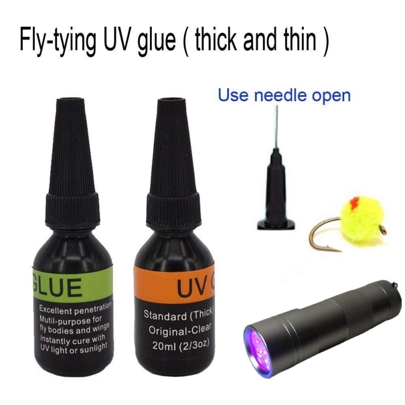 UV Clear Glue Three Formula Thick and Thin,Power flex  +12 LED UV Power Light Fly Tying for Building Flies Flies Heads Bodies and Wings Tack