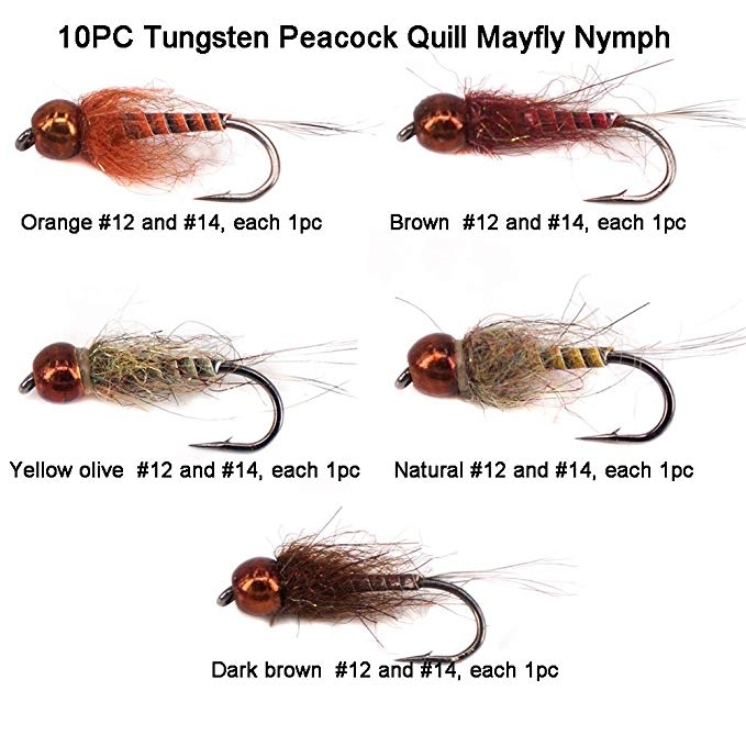 Riverruns 10PC Tungsten Peacock Quill Mayfly Nymph Combo Set  Super Sturdy Proudly from Europe