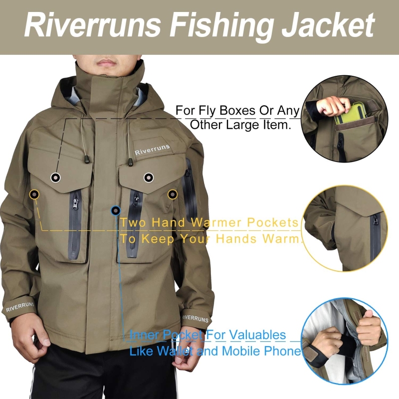 Riverruns Outdoor Waterproof Rain Fishing Wading Jacket and UV Protection Fingerless Fishing Gloves and Fingerless Fishing Workout Gloves For  Fishing