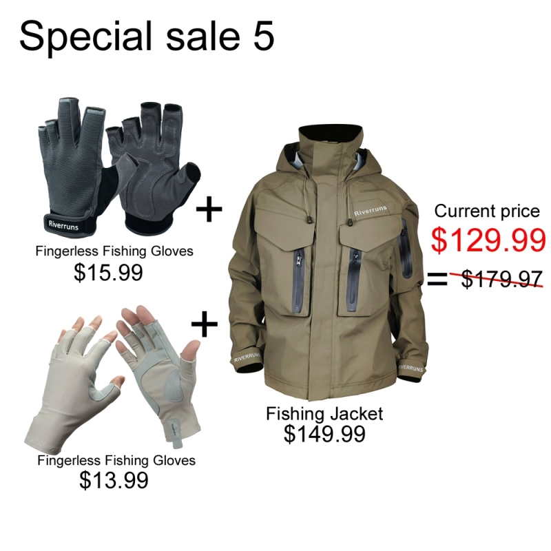 Riverruns Outdoor Waterproof Rain Fishing Wading Jacket and UV Protection Fingerless Fishing Gloves and Fingerless Fishing Workout Gloves For  Fishing