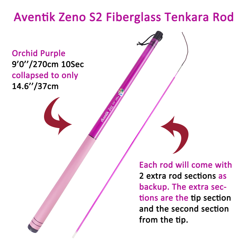 Aventik Zeno S2-Glass Tenkara Rod with 2 Extra Rod Sections 10 Sec in 9ft/10ft Excellent Durability and Strength, Collapsed to Only 14.6in/15.2in, 6:4 Soft M-Action, Super Lightweight and Compact, Elegant Translucent Color Super Eye-catching