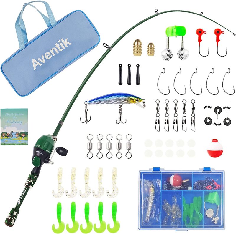 Aventik Kids Fishing Starter Kit - with Tackle Box, Reel, Practice Plug, Beginner's Guide and Travel Bag for Boys, Girls