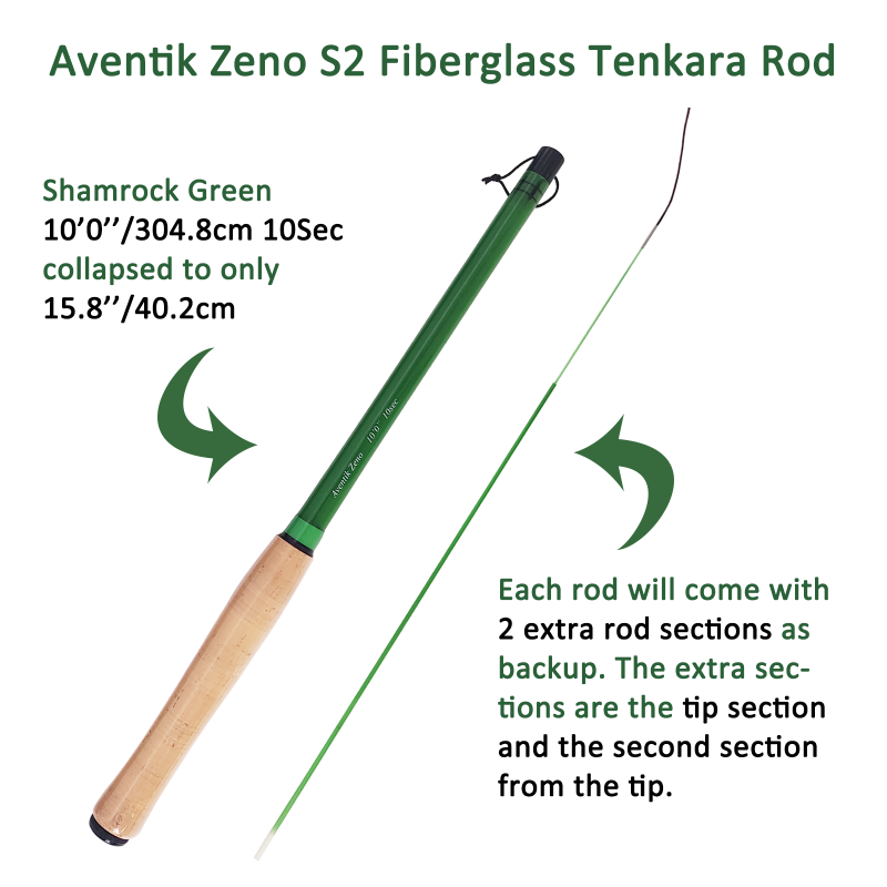 Aventik Zeno S2-Glass Tenkara Rod with 2 Extra Rod Sections 10 Sec in 9ft/10ft Excellent Durability and Strength, Collapsed to Only 14.6in/15.2in, 6:4 Soft M-Action, Super Lightweight and Compact, Elegant Translucent Color Super Eye-catching