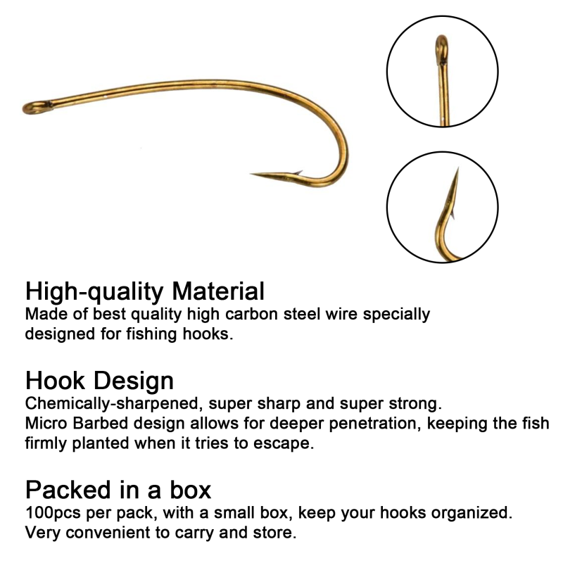 Eupheng Fly Fishing Hooks 100pc Pack Micro Barbed High Carbon Steel Bronze Forged for Dry Flies, Curved Nymphs, Shrimp,Caddis Pupa