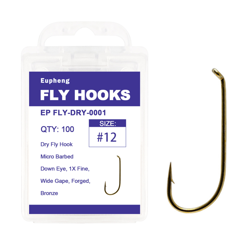 Eupheng Fly Fishing Hooks 100pc Pack Micro Barbed High Carbon Steel Bronze Forged for Dry Flies, Curved Nymphs, Shrimp,Caddis Pupa