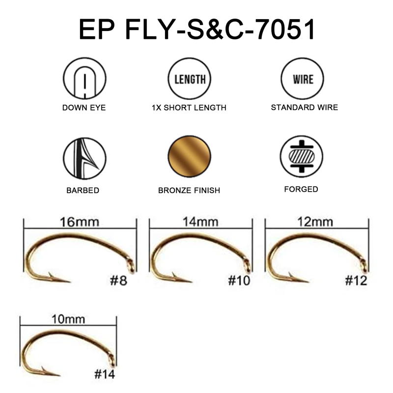 Eupheng Fly Fishing Hooks 100pc Pack Micro Barbed High Carbon Steel Bronze Forged for Dry Flies, Curved Nymphs, Shrimp,Caddis Pupa