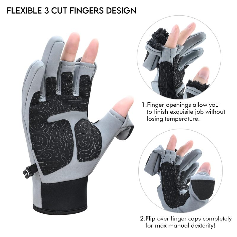 Riverruns Flexible Fishing Gloves Fleece Lining Windproof Ice Fishing Gloves Water-Repellent Touchscreen 3 Cut Fingers