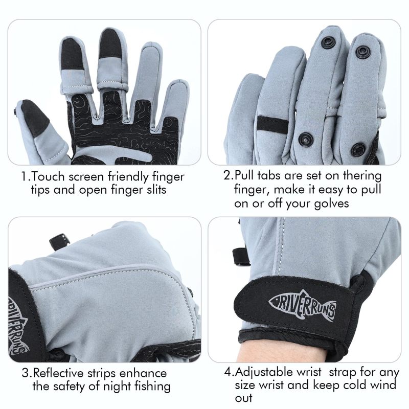 Riverruns Flexible Fishing Gloves Fleece Lining Windproof Ice Fishing Gloves Water-Repellent Touchscreen 3 Cut Fingers