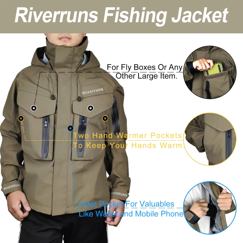 Riverruns Fishing Jacket Breathable Outdoor Waterproof Rain Wading Jacket for Men Fishing,Hiking,Kayak and Hunting