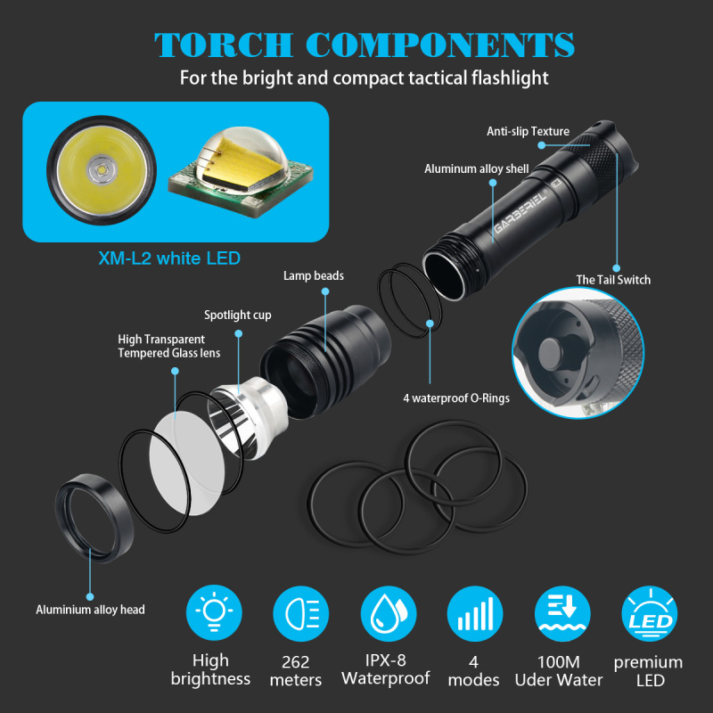 Garberiel Scuba Diving Flashlight DL01 Underwater 328ft