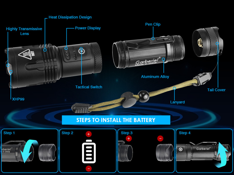 Garberiel XHP99 LED 6000 High Lumens Flashlight USB Rechargeable