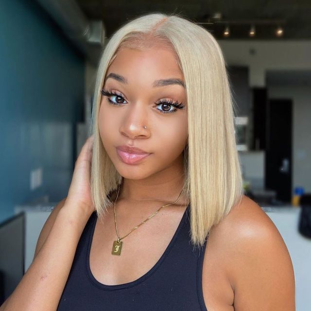 Laborhair Color 613 Blonde Straight Human Hair 180% Lace Front Short Bob Wigs