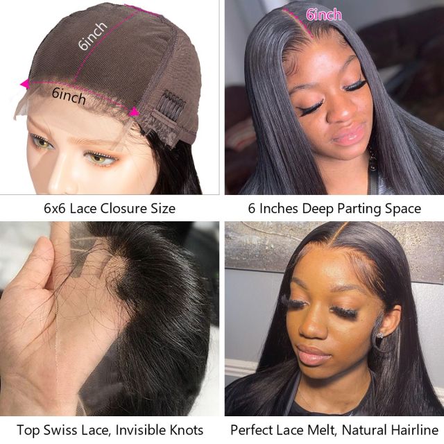 Laborhair Lace Closure Wig Pre Plucked Remy Brazilian Straight Hair 6x6 Wigs 180% Density