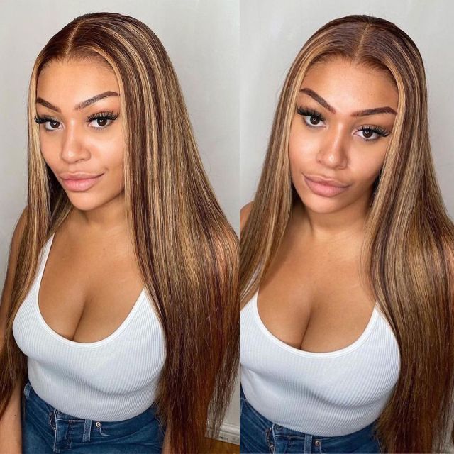 Laborhair Highlight Honey Blonde Straight Hair 13x4 Lace Front Wigs 180% Density