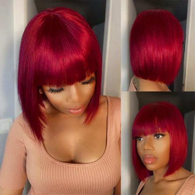 Laborhair Red Full Machine Made Wig With Bangs Bob Wigs