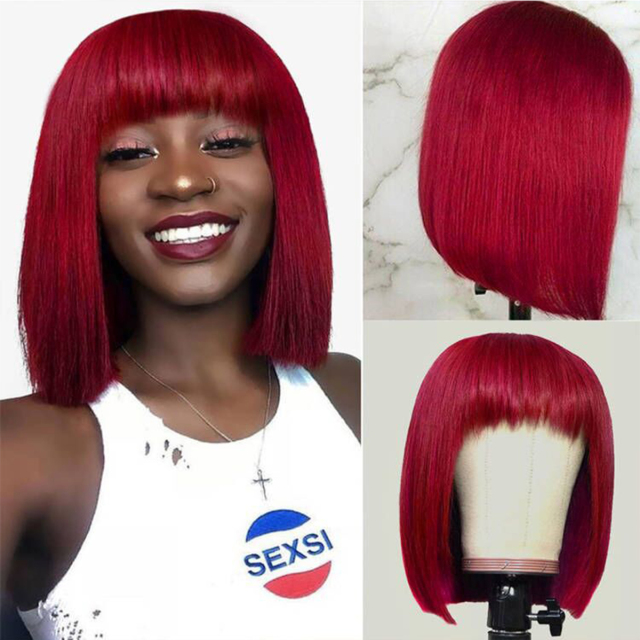 Laborhair Red Full Machine Made Wig With Bangs Bob Wigs