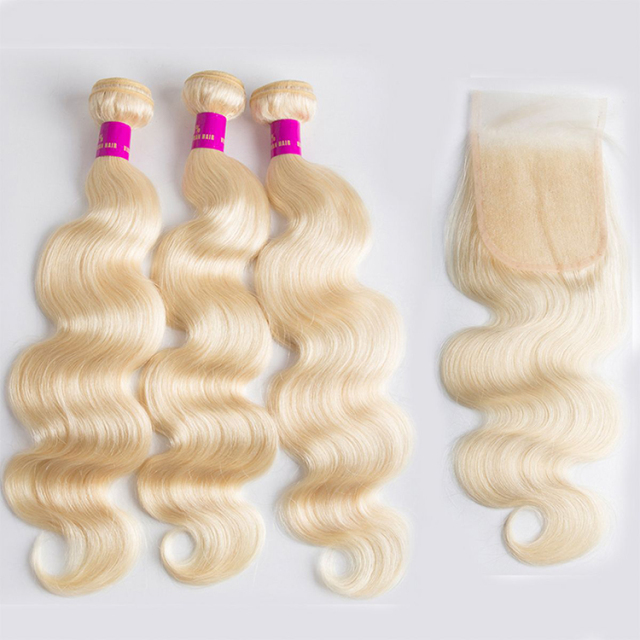 Labor hair Brazilian blonde bundle hair with lace frontal closure color 613 blonde body wave 3 bundles with frontal closure