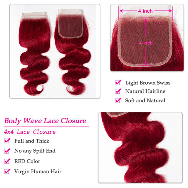 Red Human Hair Brazilian Body Wave 3 Bundles with Closure for Full Head Sale