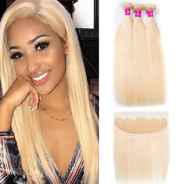 Labor Hair Blonde Hair Bundles With Frontal Brazilian 3 Bundle Straight Hair With Frontal Lace Closure