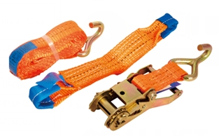 Lashing strap for car transportation, three-part, with eye & eye flat connecting belt