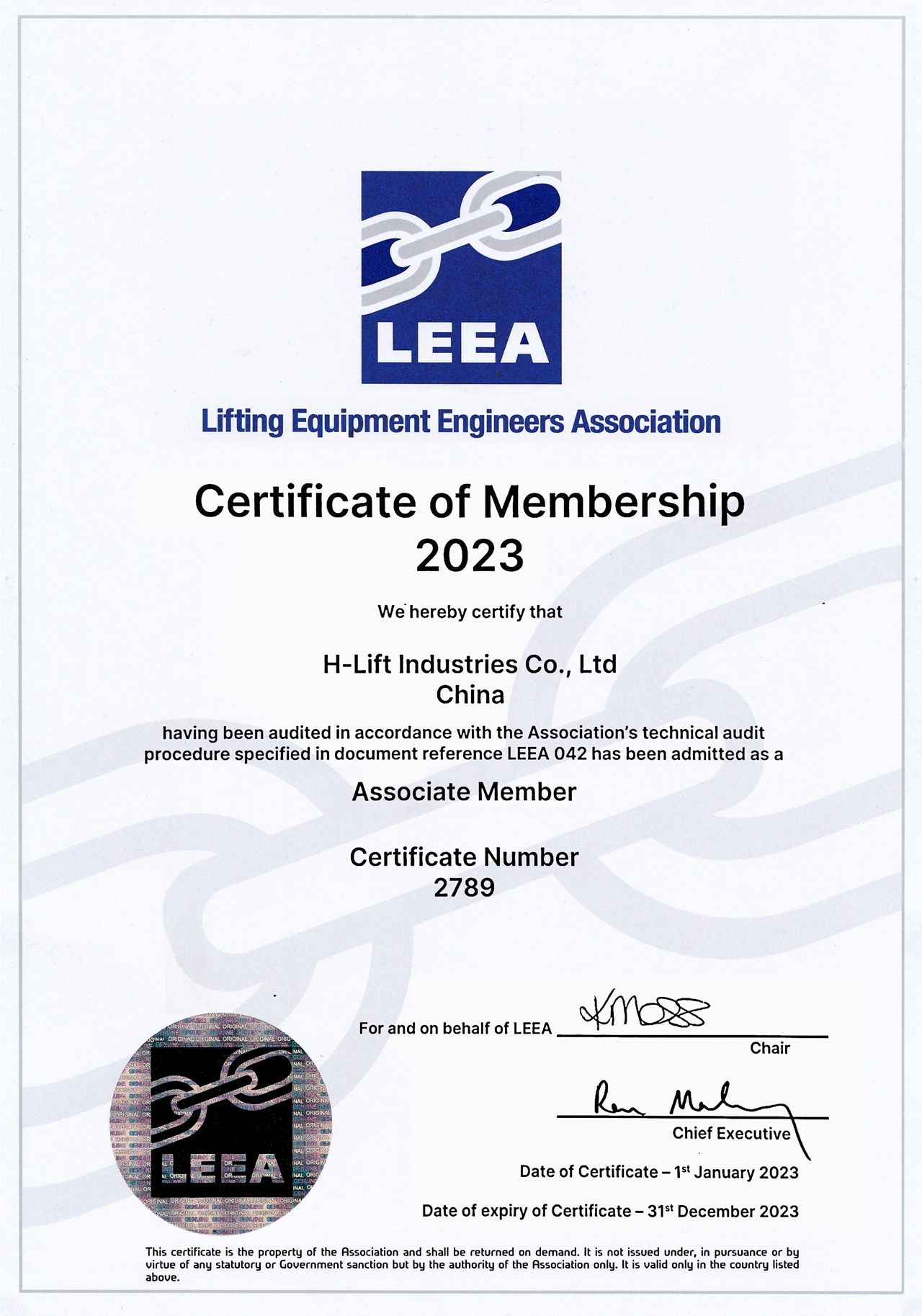 Lifting Equipment Engineers Association(LEEA), H-Lift