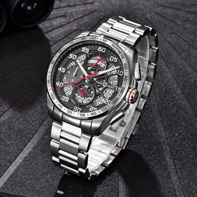 PAGANI DESIGN Men's Quartz Watches Chronograph Stainless Steel Wrist Watch for Men with Seiko VK63 Movement Leather Strap 100M Waterproof