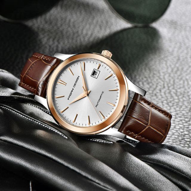 PAGANI DESIGN Casual Automatic Men's Watches with Sea-gull 2813 Movement and Genuine Leather Strap Hardlex Dial Window
