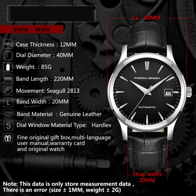 PAGANI DESIGN Casual Automatic Men's Watches with Sea-gull 2813 Movement and Genuine Leather Strap Hardlex Dial Window