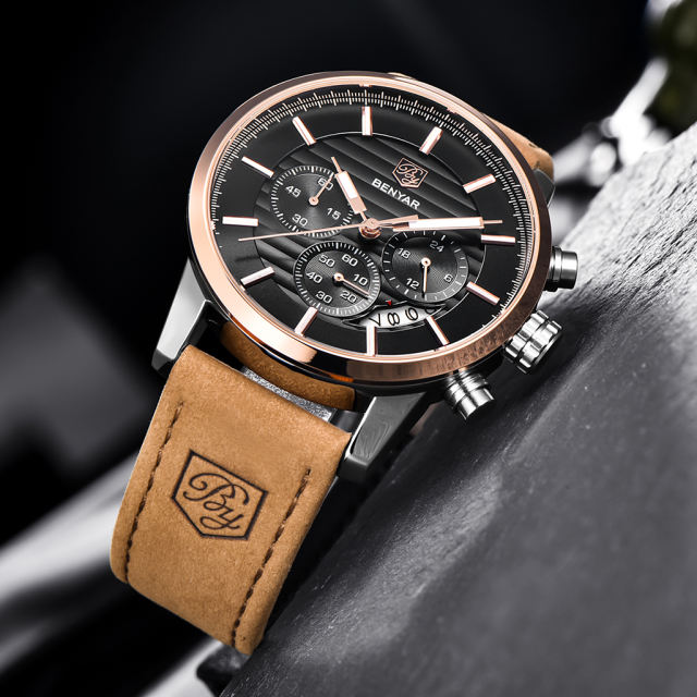 BENYAR Mens Watches Quartz Chronograph Waterproof Sport Fashion Wrist Watch for Men Leather Watchband Strap Lume Dial