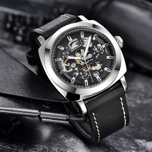 BENYAR Automatic Men’s Watches with Genuine Leather Watchband Skeleton Mechanical Movement  Waterroof Wrist Watch for Men Lume Pointers