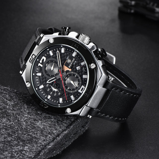 BENYAR Mens Sports Watches With Soft Leather Watchband Stopwatch Waterproof Chronograph Quartz Movement Auto Date