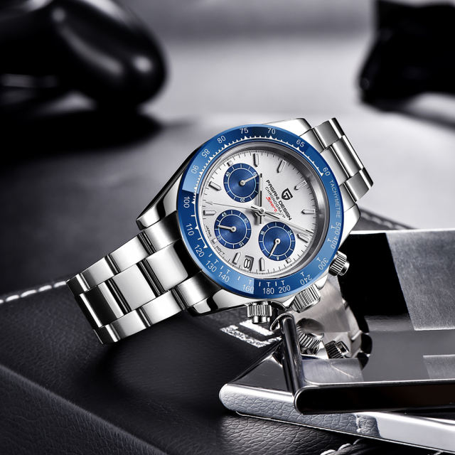 PAGANI DESIGN Blue Men's Quartz Watches Daytona Homage Wrist Watch with Seiko VK63 Movement Sapphire Ceramic Bezel Waterproof Stainless Steel Strap