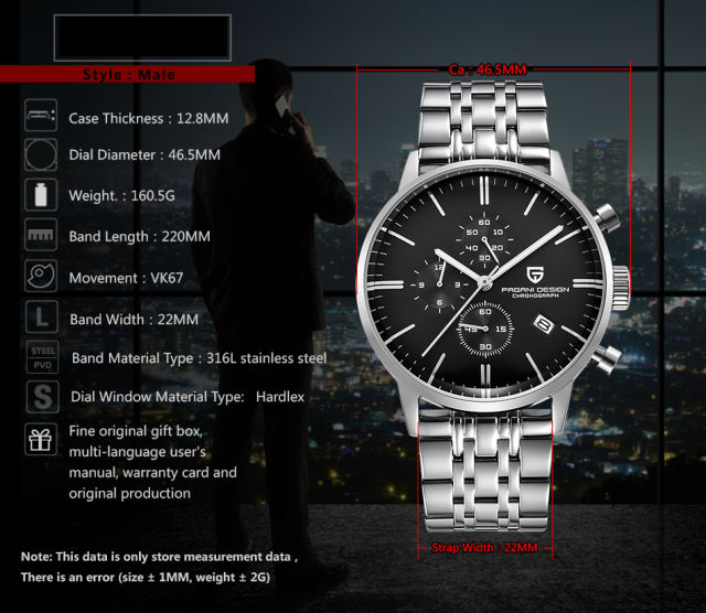 PAGANI DESIGN Luxury Men's Watches Stainless Steel Waterproof Quartz Wrist Watch for Men Chronograph Stop Watch Auto Date