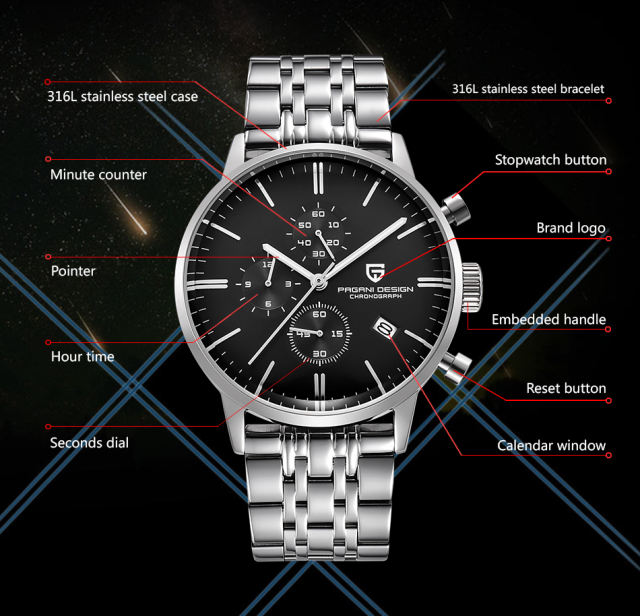 PAGANI DESIGN Luxury Men's Watches Stainless Steel Waterproof Quartz Wrist Watch for Men Chronograph Stop Watch Auto Date