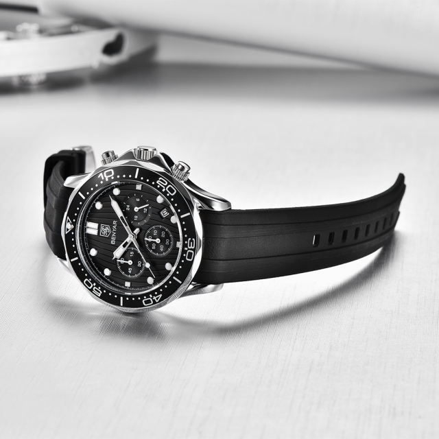 BENYAR New Men's Quartz Watches Waterproof Silicone Watchband Chronograph Wrist Watch for Men Auto Date Rotated Aluminum Bezel Luminous Dial